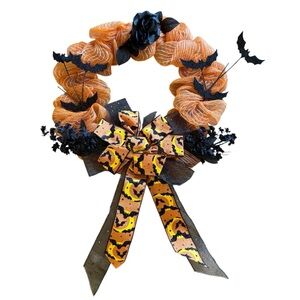 Halloween Orange & White Mesh Wreath with Black Flowers, Bats Ribbon Bow 20"
